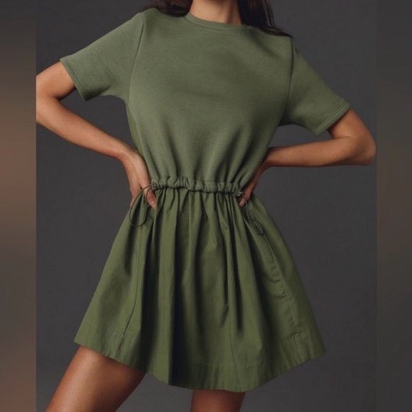 Pilcro Dresses & Skirts - Pilcro Olive Green Short-Sleeve Drawstring Mini Dress